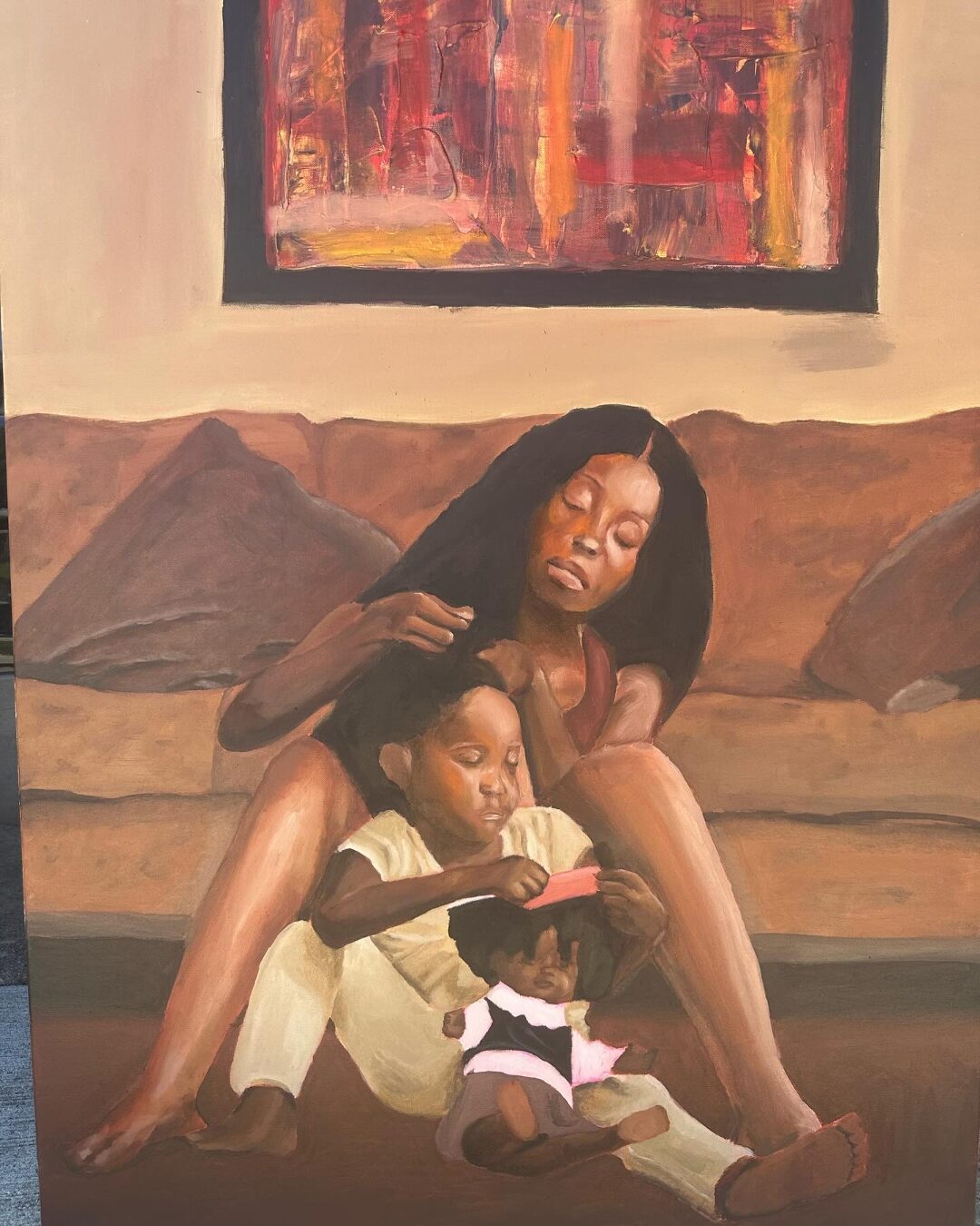 Painting of a mother braiding her child's hair by Aniya